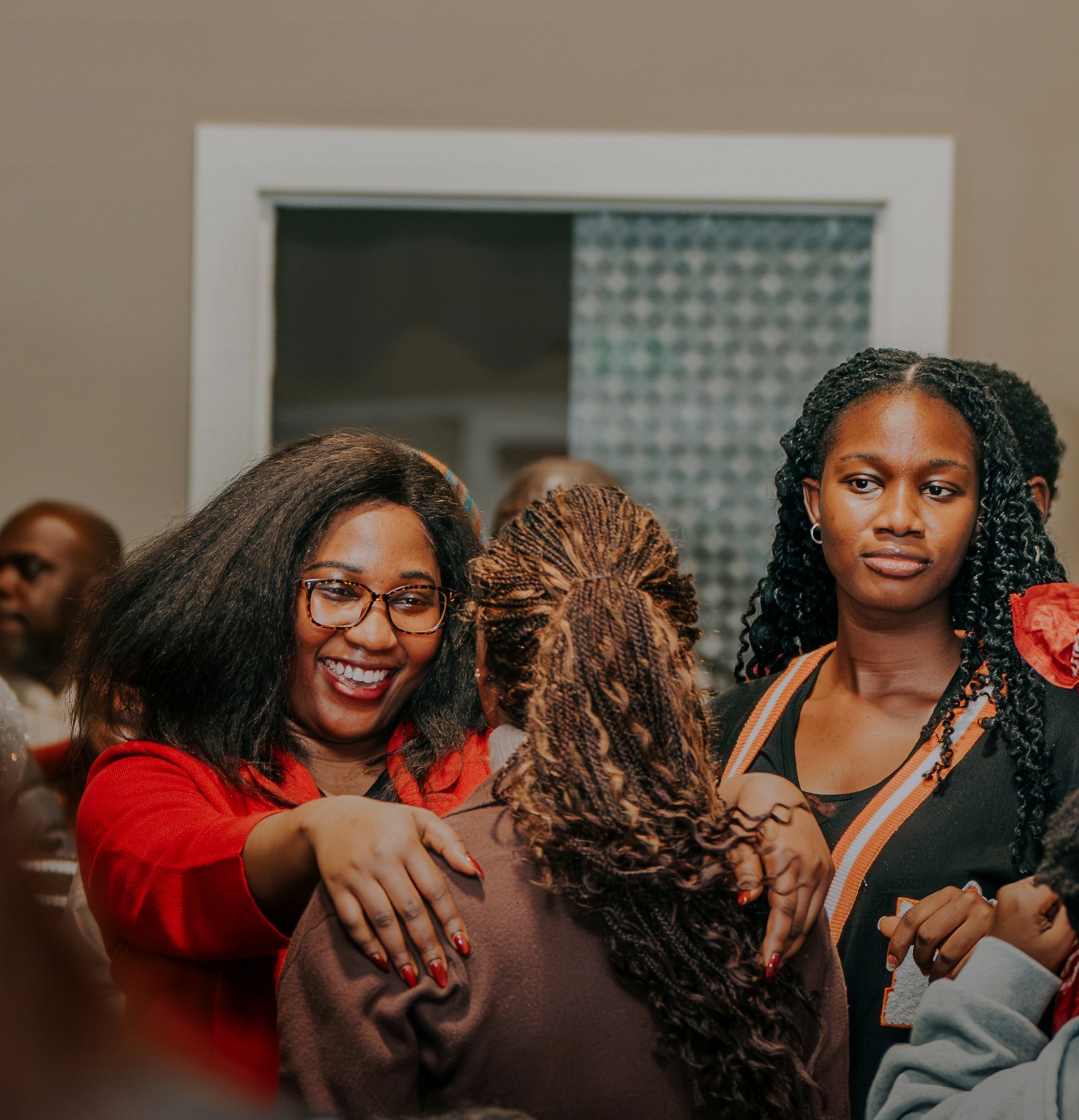 A joyful greeting between church members